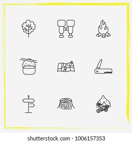 Camping line icon set stump, food and cooked