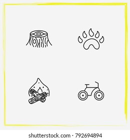 Camping line icon set stump, bike and paw