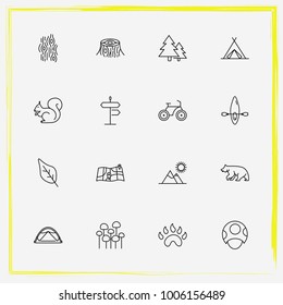 Camping line icon set tent, fir-tree and bear