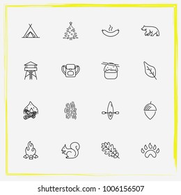 Camping line icon set tent, christmas and cooked
