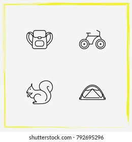 Camping line icon set tent, bike and squirrel