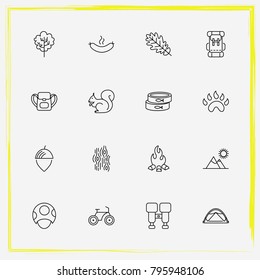 Camping line icon set tent, backpack and conservative