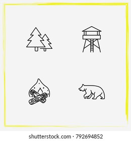 Camping line icon set tower, bonfire and bear