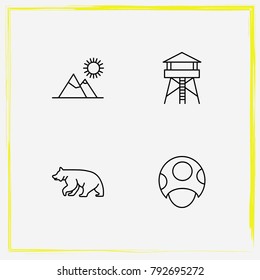 Camping line icon set tower, mushroom and mountains