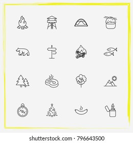 Camping line icon set tower, bonfire and street