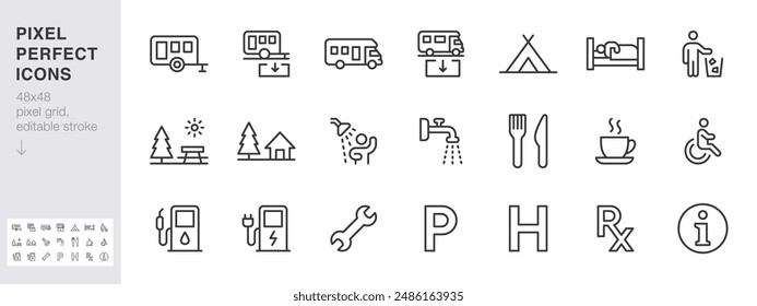 Camping Line Icon Set. Trailer-Parkplatz, Caravan-Ablagestation, Zelt, Dusche, Wohnmobil Minimale Vektorillustrationen. Einfache Umrissschilder für Straßeninformationen. 48x48 Pixel perfekt. 3D-Darstellung