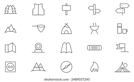 Camping line icon set. Travel, outdoor, campfire, hiking, camp trailer, tourism and local tour outline icon collection. UI thin outline icon set.