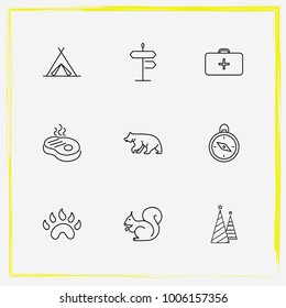 Camping line icon set tree, steak and christmas