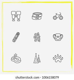 Camping line icon set tree, steak and paw