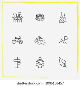 Camping line icon set tree, mountains and street