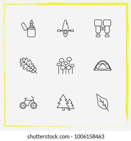 Camping line icon set tree, binoculars and boat