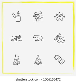 Camping line icon set tree, lighter and paw
