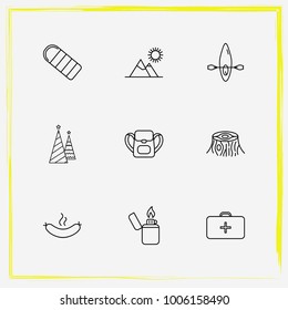 Camping line icon set tree, bag and backpack