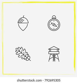 Camping line icon set tree leaf, tower and nut