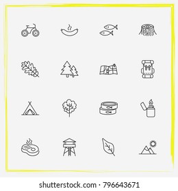 Camping line icon set tree leaf, backpack and steak