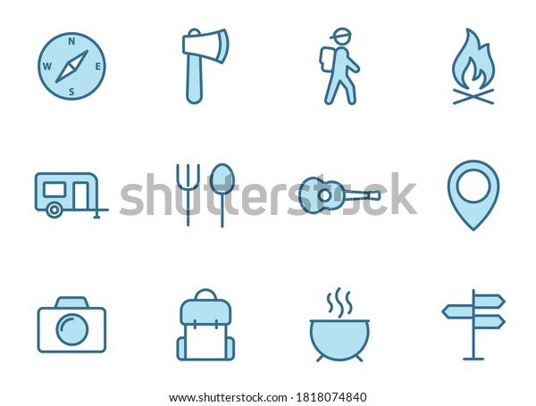 Camping line icon set in two colors isolated on\
white background. Camping blue outline icons for web design, mobile\
apps, ui design and\
print.