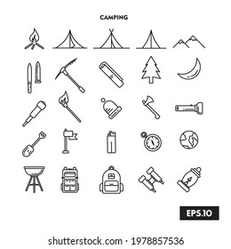 Vector de conjunto de iconos de línea de acampada. Ilustración vectorial del logotipo del símbolo de camping
