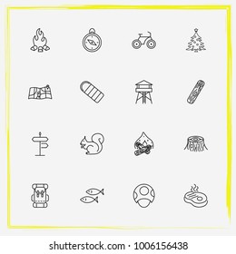 Camping line icon set wood, bike and bag