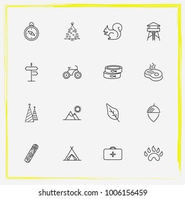 Camping line icon set wood, chest and mountains