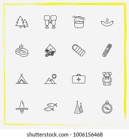 Camping line icon set wood, fish and mountains