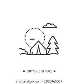  Camping line icon. Touristic overnight stay in a tent or recreational vehicle. Picnic. Adventure tourism. Green, eco tourism. Tourism types concept. Isolated vector illustration. Editable stroke
