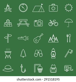 Camping line icons on green background, stock vector