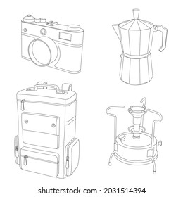 Camping line icons on white background. Vector illustration. Set include retro photo camera, geyser coffee maker, backpack and old camping primus