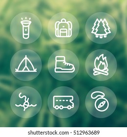 Camping line icons set, backpack, tent, boots, forest, compass, fishing, camper