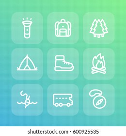 Camping line icons set, backpack, hike, trekking, forest, compass, tent, fishing, camper