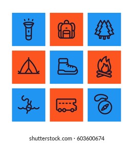 Camping line icons set, backpack, hike, tent, boots, forest, compass, fishing, camper