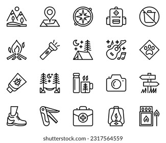 camping line icons set. direction, lamp, map, outline, recreation, tool, fire, photo, camera, hiking, location, pictogram, first aid, pointer, trekking, kit, route, survival, camp