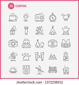 Camping Line Icons Set For Infographics, Mobile UX/UI Kit And Print Design. Include: Cloud, Sun, Weather, Tea, Cup, Coffee, Hot, Box, Icon Set - Vector