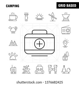 Camping Line Icons Set For Infographics, Mobile UX/UI Kit And Print Design. Include: Cloud, Sun, Weather, Tea, Cup, Coffee, Hot, Box, Icon Set - Vector