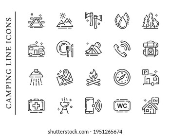 Iconos de la línea de acampar establecidos en fondo blanco. Los iconos de acampada contienen signos como tienda, mochila, brújula, bosque y más. Ilustración del vector