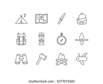 Camping line icons set tent, map, knife, canned fish, rucksack bag, lantern, compass, canoe, binoculars, axe, bonfire.