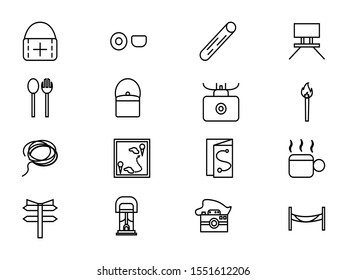 camping line icons set vector illustration. Contains such icon as camera, stove, map, cup coffee  and more. Editable stroke