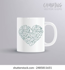 Conjunto de iconos de línea de camping. Ilustración vectorial en forma de corazón. Concepto de camping con maqueta de taza