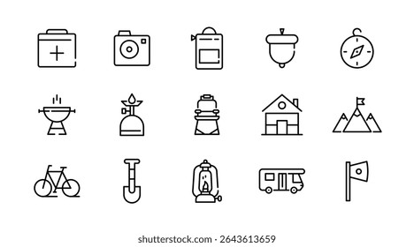 Camping linear icon set. Adventure, tourism, hiking, bonfire, backpack, tent, travel, landscape, climbing, kayak, map, camp, forest, outdoor websites outline vector icon set. UI thin line icon pack.