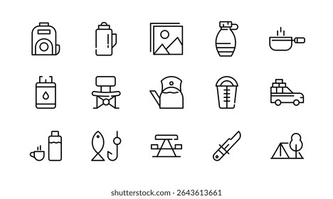 Camping linear icon set. Adventure, tourism, hiking, bonfire, backpack, tent, travel, landscape, climbing, kayak, map, camp, forest, outdoor websites outline vector icon set. UI thin line icon pack.