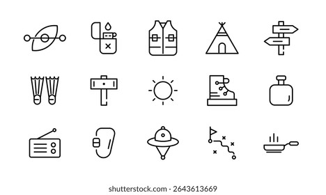 Camping linear icon set. Adventure, tourism, hiking, bonfire, backpack, tent, travel, landscape, climbing, kayak, map, camp, forest, outdoor websites outline vector icon set. UI thin line icon pack.