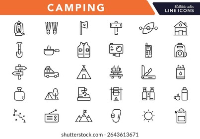 Camping linear icon set. Adventure, tourism, hiking, bonfire, backpack, tent, travel, landscape, climbing, kayak, map, camp, forest, outdoor websites outline vector icon set. UI thin line icon pack.