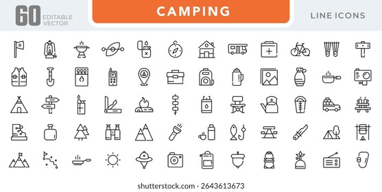 Camping linear icon set. Adventure, tourism, hiking, bonfire, backpack, tent, travel, landscape, climbing, kayak, map, camp, forest, outdoor websites outline vector icon set. UI thin line icon pack.