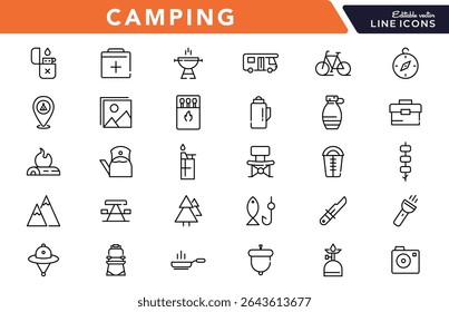 Camping linear icon set. Adventure, tourism, hiking, bonfire, backpack, tent, travel, landscape, climbing, kayak, map, camp, forest, outdoor websites outline vector icon set. UI thin line icon pack.
