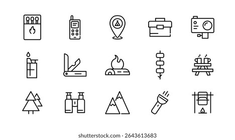 Camping linear icon set. Adventure, tourism, hiking, bonfire, backpack, tent, travel, landscape, climbing, kayak, map, camp, forest, outdoor websites outline vector icon set. UI thin line icon pack.