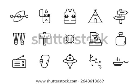 Camping linear icon set. Adventure, tourism, hiking, bonfire, backpack, tent, travel, landscape, climbing, kayak, map, camp, forest, outdoor websites outline vector icon set. UI thin line icon pack.