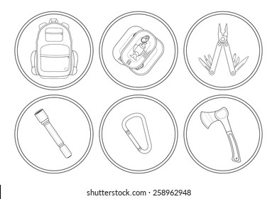 Camping linear icons set. Backpack, canned food, multi tool, flashlight, carabiner, ax. Vector clip art illustrations isolated on white