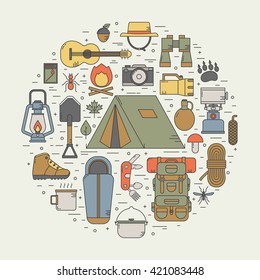 Set of Camping Equipment Icons in Cartoon Style. Camping Supplies