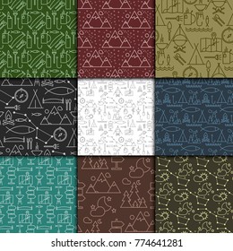 Camping linear vector seamless pattern with hiking and landscape travel elements. Mountains pine trees and sea, clouds and sun. Outdoor forest camp adventure seamless pattern on white background.