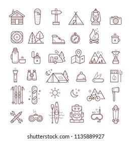 Camping line-art icon pack. Vector illustration.