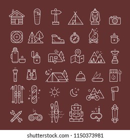 Camping line-art icon pack. Vector illustration.